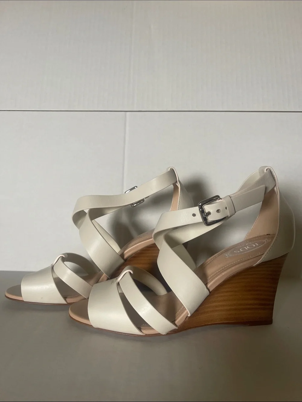 Tod's White Leather Crisscross Wedge Sandals